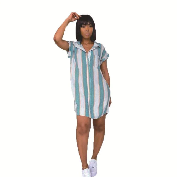 Lapel Short Sleeve Irregular Striped Skirt Women - melvincucci