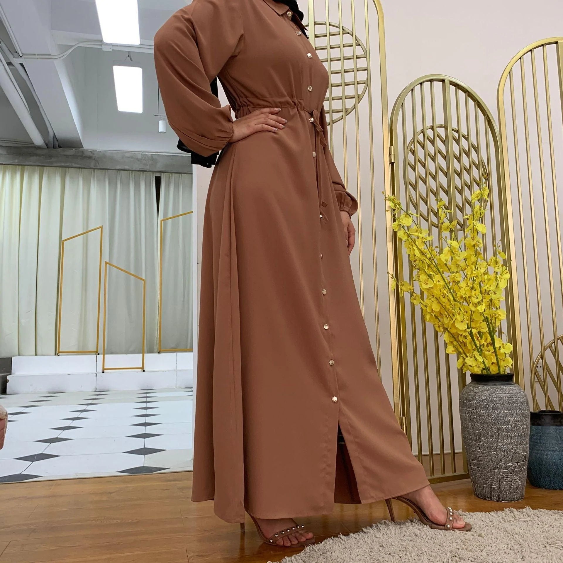 Lapel Solid Color Full Button Slim Dress Llong Skirt - melvincucci