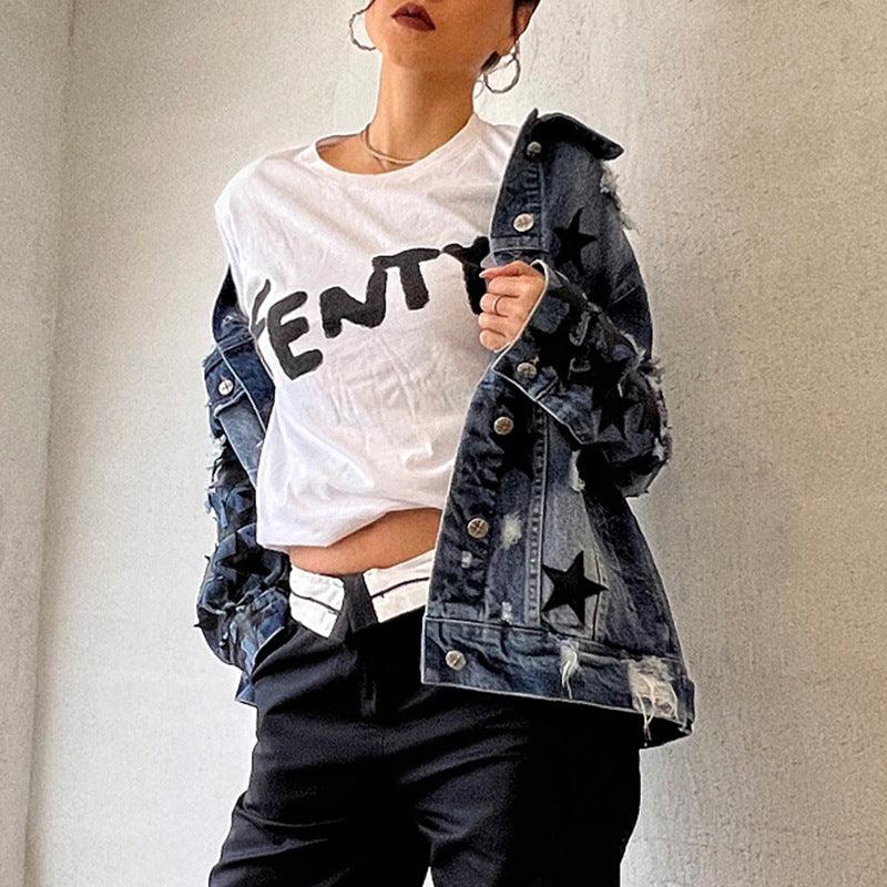 Lapel Star Patch Shredded Single Breasted Denim Jacket For Women - melvincucci