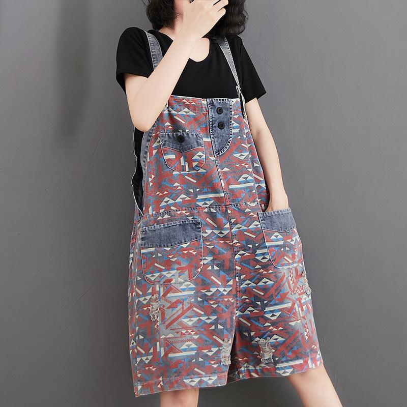 Large Size Denim Printed And Washed Overalls For Women - melvincucci
