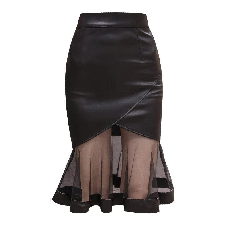 Leather Skirt Women Spring And Autumn Long Mesh Splicing Pu Skirt - melvincucci