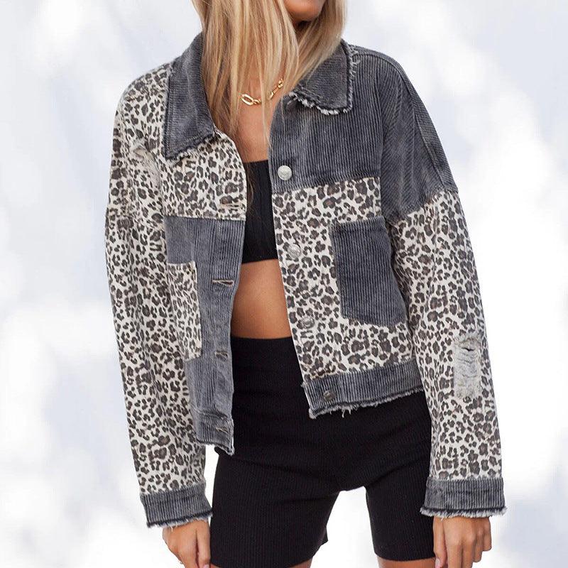 Leopard Stitching Corduroy Denim Women Jacket - melvincucci
