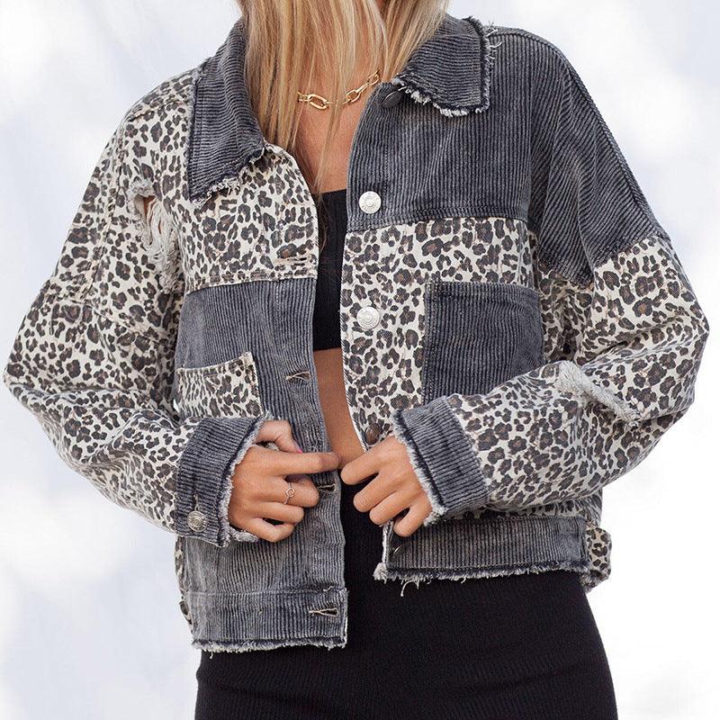 Leopard Stitching Corduroy Denim Women Jacket - melvincucci