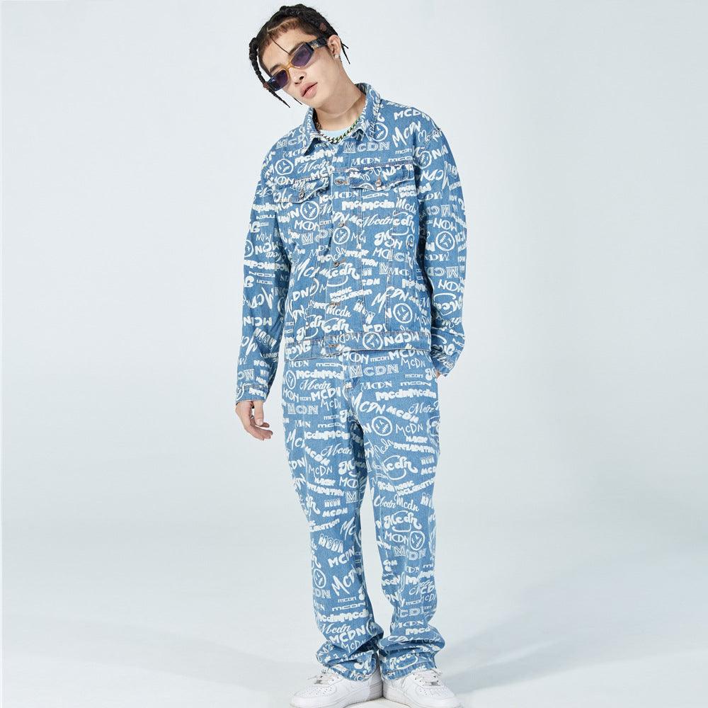 Letter Print Washed Old Denim Suit Men - melvincucci