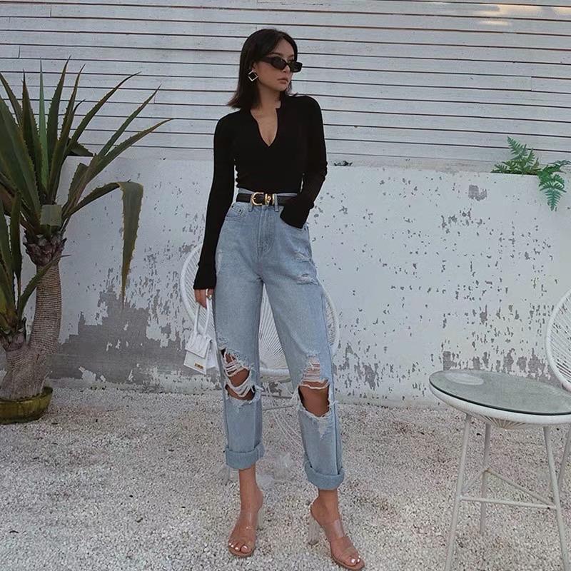 Light Blue denim Ripped Straight Leg Pants Women - melvincucci