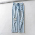 Light Blue denim Ripped Straight Leg Pants Women - melvincucci
