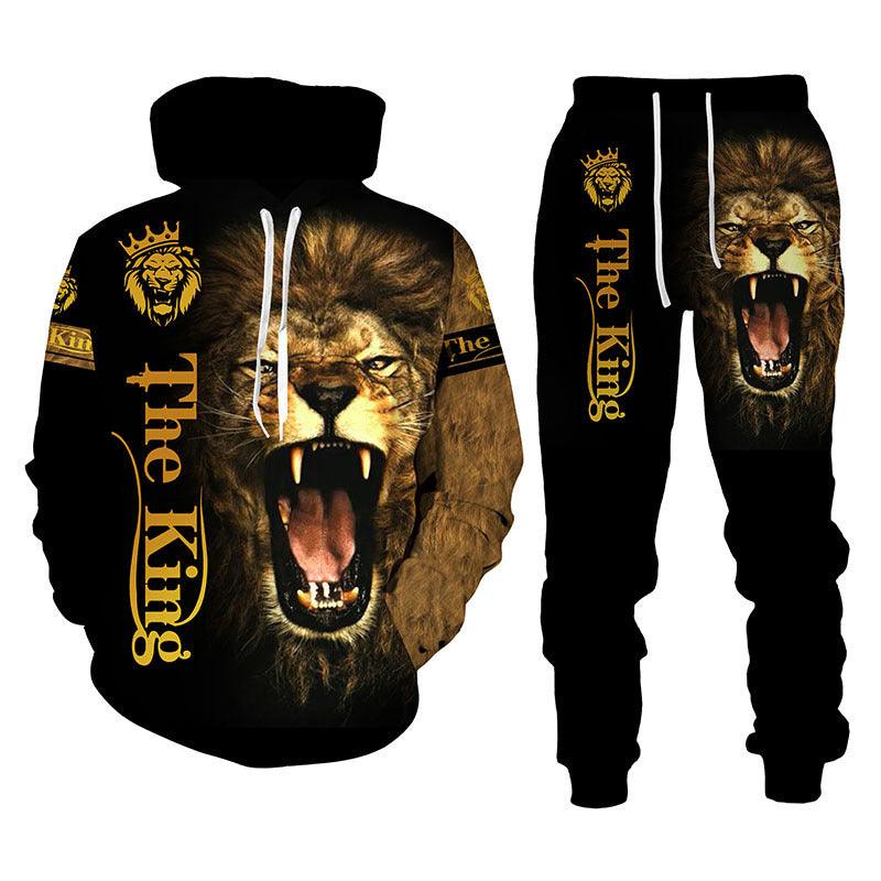 Lion Print Men Hooded Sweatshirt Set - melvincucci