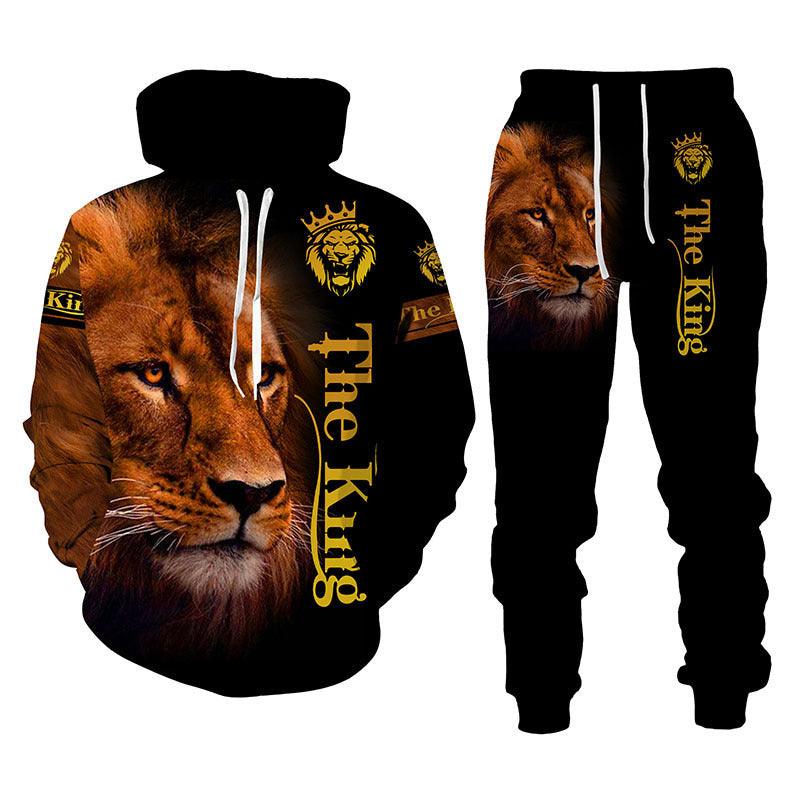 Lion Print Men Hooded Sweatshirt Set - melvincucci