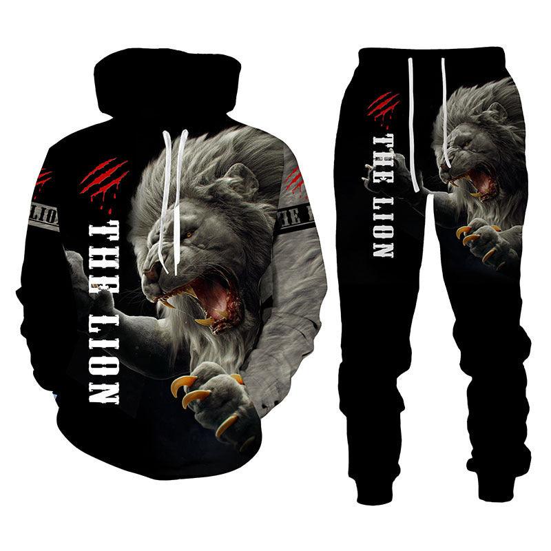 Lion Print Men Hooded Sweatshirt Set - melvincucci