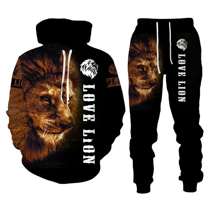 Lion Print Men Hooded Sweatshirt Set - melvincucci