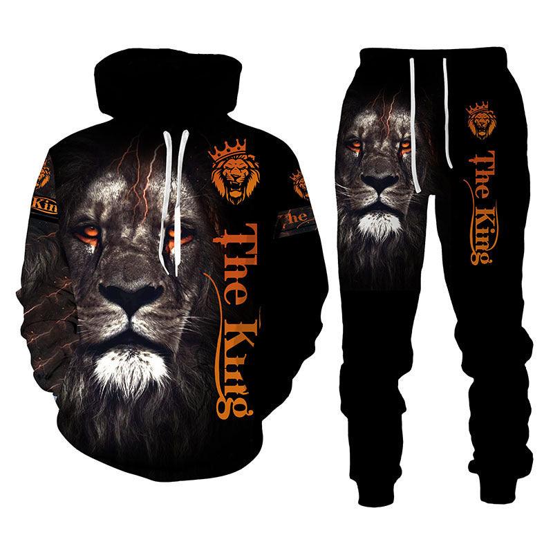 Lion Print Men Hooded Sweatshirt Set - melvincucci