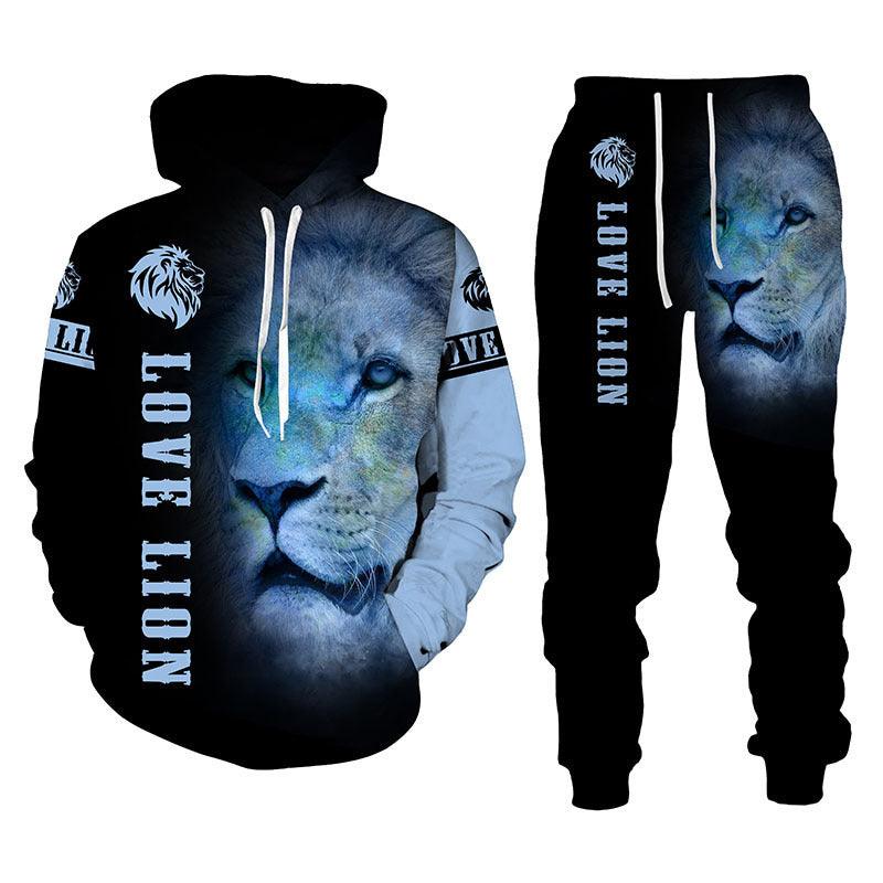 Lion Print Men Hooded Sweatshirt Set - melvincucci