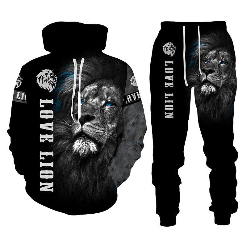 Lion Print Men Hooded Sweatshirt Set - melvincucci