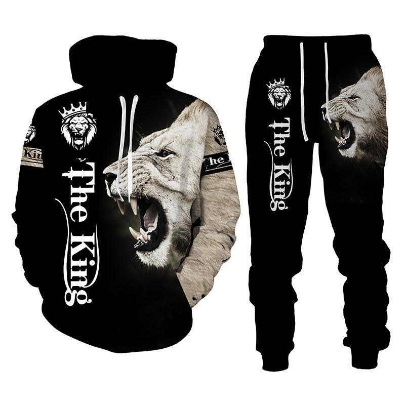 Lion Print Men Hooded Sweatshirt Set - melvincucci