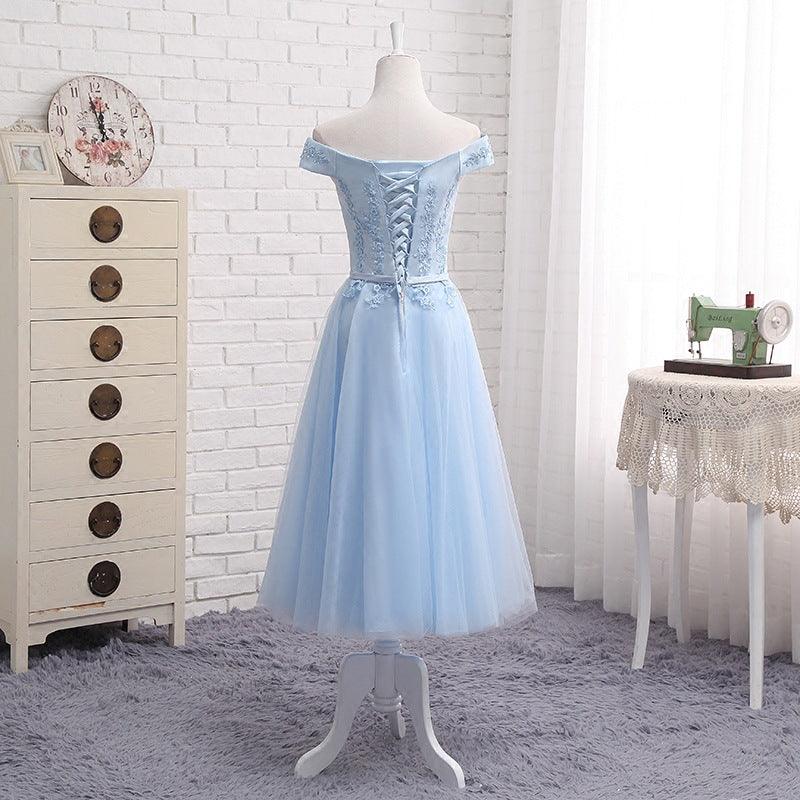 Long Blue Bridesmaid Sisters Dress One-shoulder Evening Dress - melvincucci