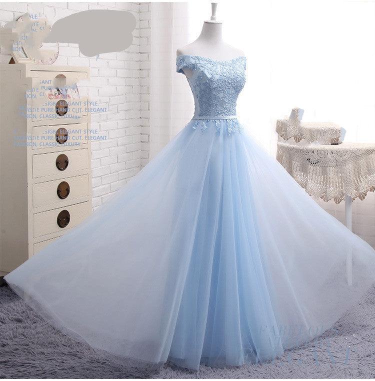 Long Blue Bridesmaid Sisters Dress One-shoulder Evening Dress - melvincucci
