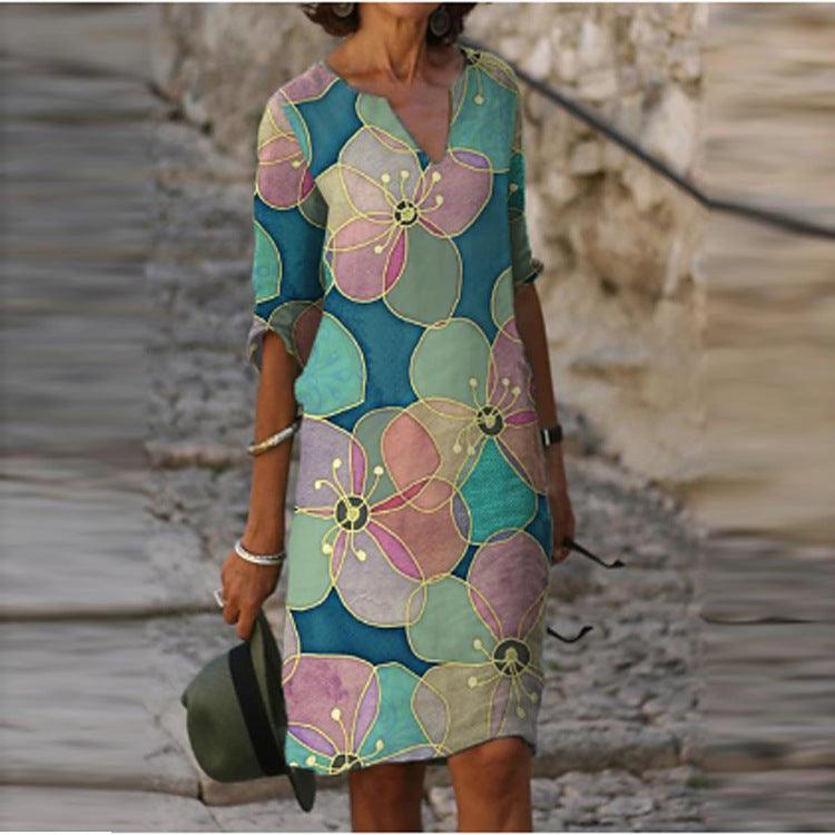 Long Sleeve Dress Multicolor Printed Skirt Women - melvincucci