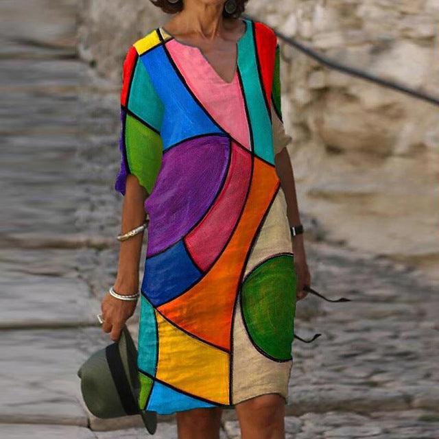 Long Sleeve Dress Multicolor Printed Skirt Women - melvincucci