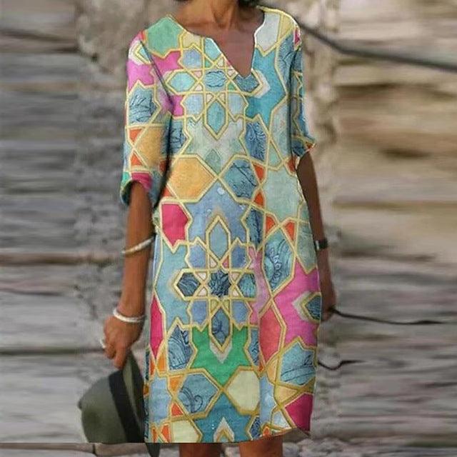 Long Sleeve Dress Multicolor Printed Skirt Women - melvincucci