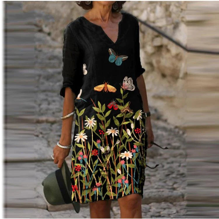 Long Sleeve Dress Multicolor Printed Skirt Women - melvincucci