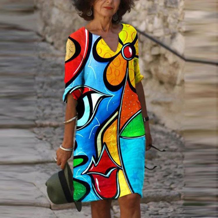 Long Sleeve Dress Multicolor Printed Skirt Women - melvincucci