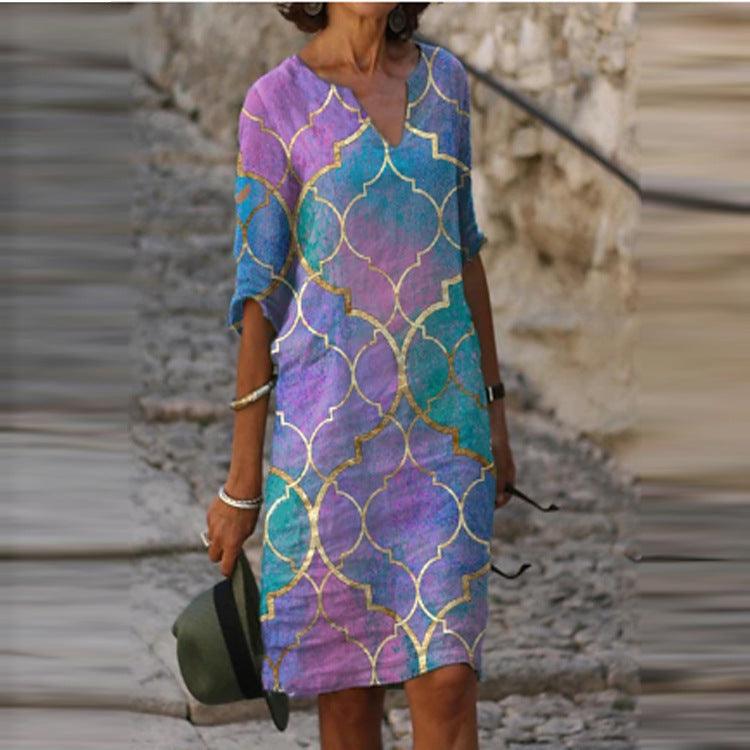 Long Sleeve Dress Multicolor Printed Skirt Women - melvincucci