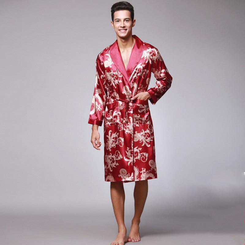 Long-Sleeved Nightgown, Printed Dragon Pattern, Long Bathrobe, Imitation Silk Home Service - melvincucci
