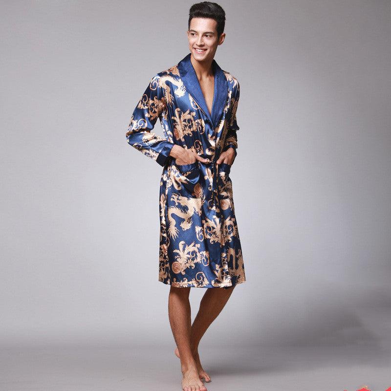 Long-Sleeved Nightgown, Printed Dragon Pattern, Long Bathrobe, Imitation Silk Home Service - melvincucci