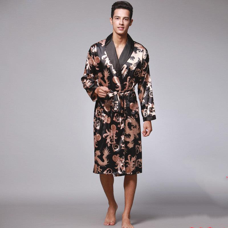 Long-Sleeved Nightgown, Printed Dragon Pattern, Long Bathrobe, Imitation Silk Home Service - melvincucci