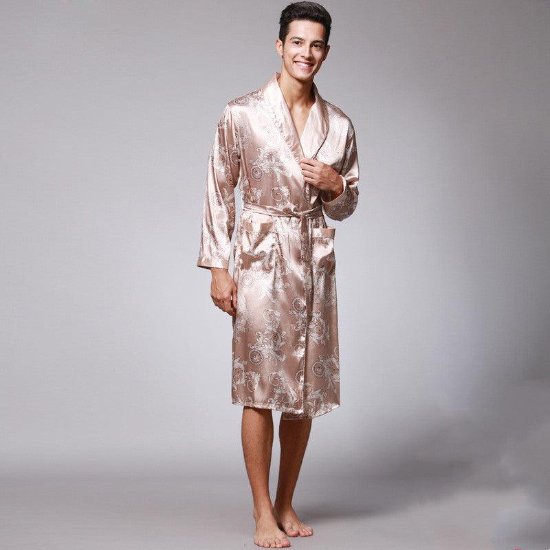 Long-Sleeved Nightgown, Printed Dragon Pattern, Long Bathrobe, Imitation Silk Home Service - melvincucci