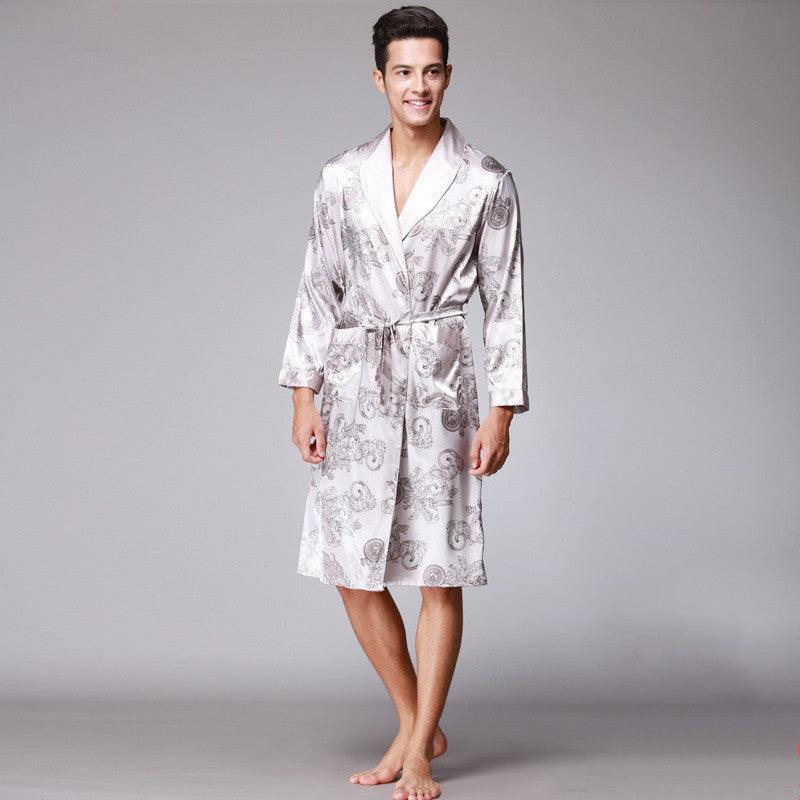 Long-Sleeved Nightgown, Printed Dragon Pattern, Long Bathrobe, Imitation Silk Home Service - melvincucci