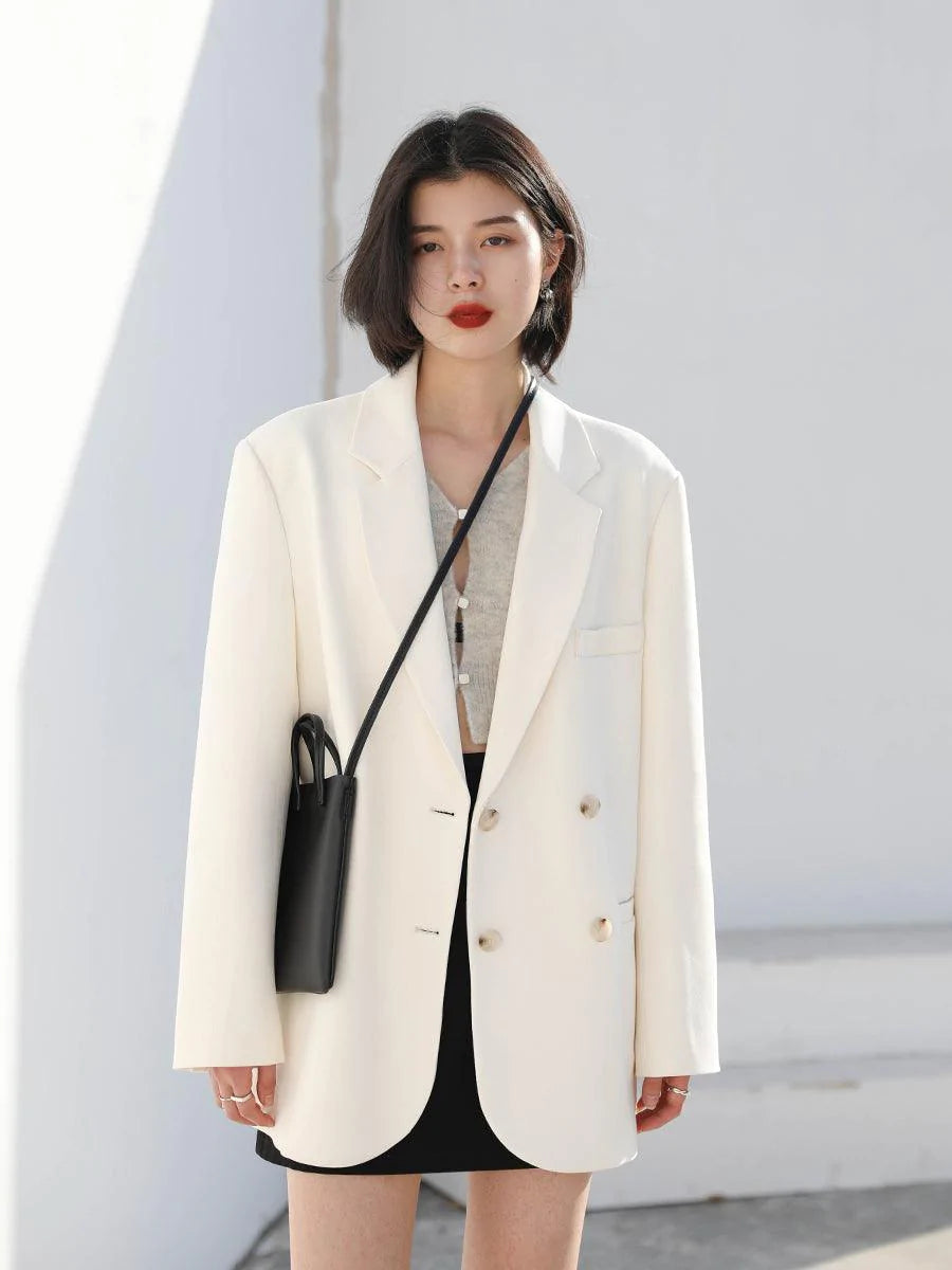 Loose Double-breasted White Suit Jacket Women Mid-length Suit - melvincucci