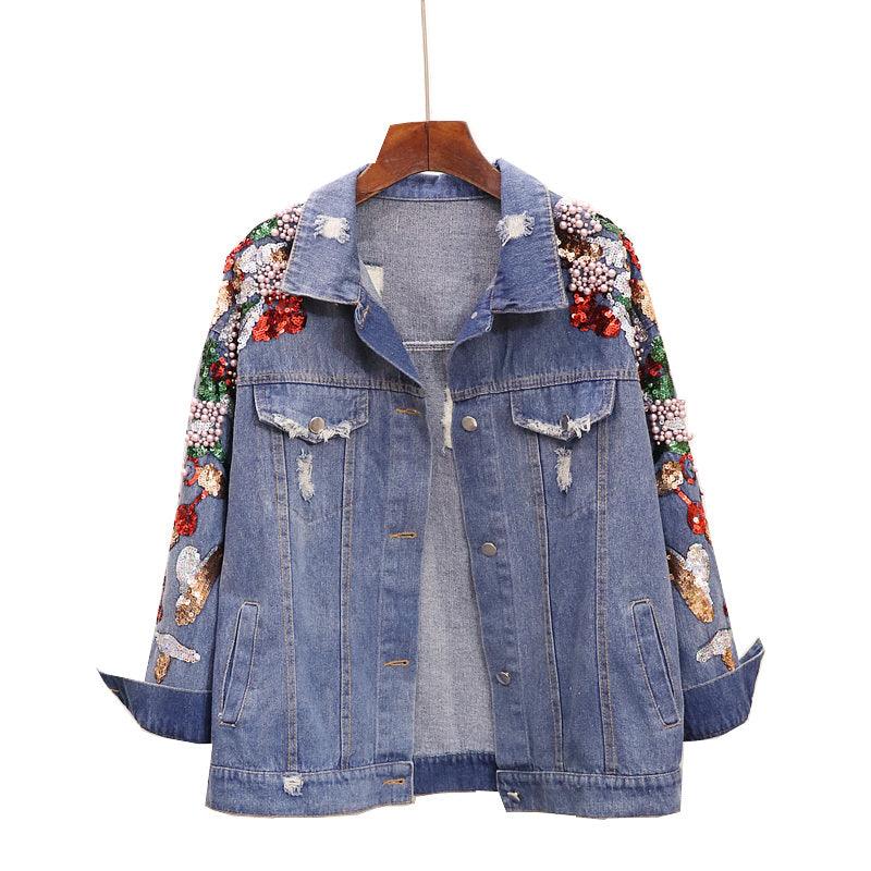 Loose Heavy Industry Embroidered Beaded Sequins Slimming Denim Jacket Women - melvincucci