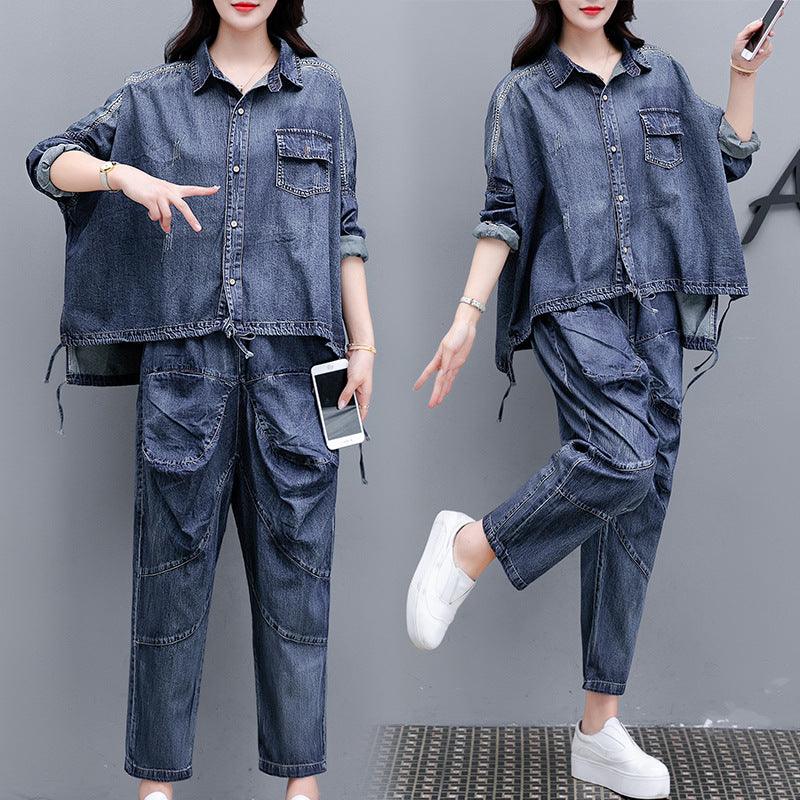 Loose Plus Size Distressed Denim Harem Pants Two-piece Women - melvincucci