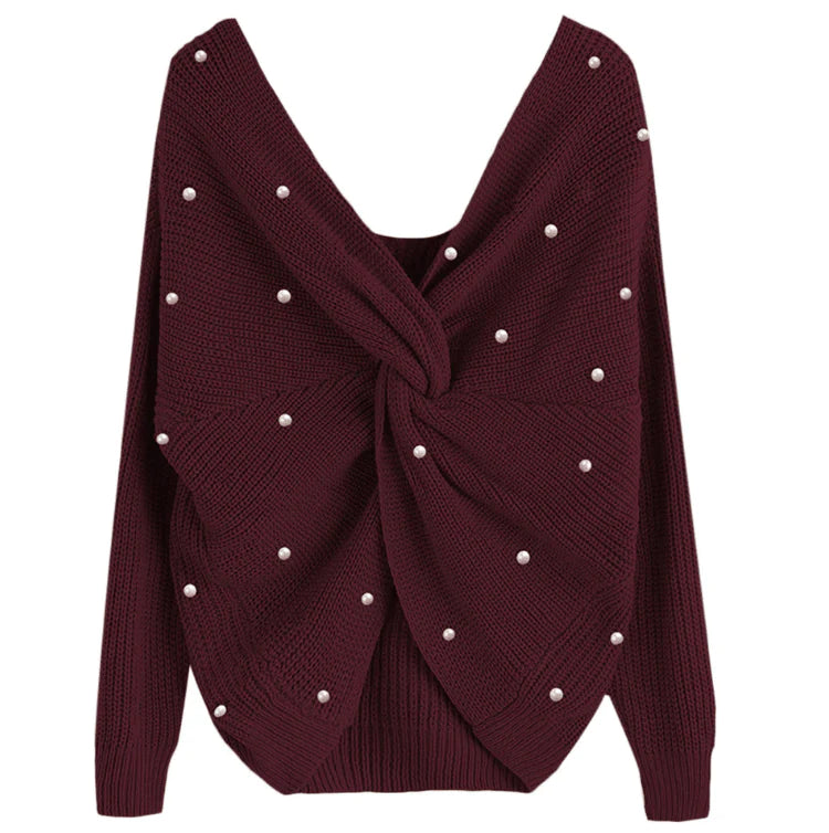 Loose Pullover Sweater Irregular Cross Pearl Sweater - melvincucci