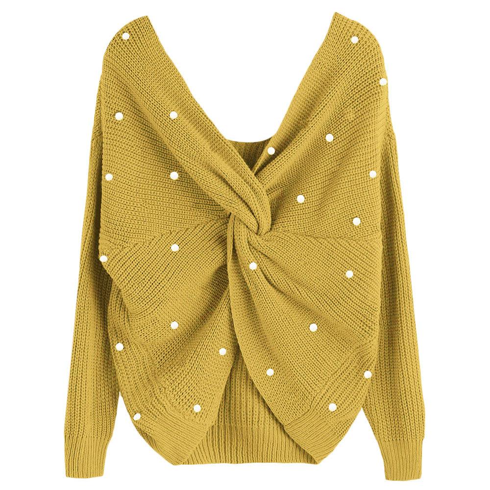 Loose Pullover Sweater Irregular Cross Pearl Sweater - melvincucci