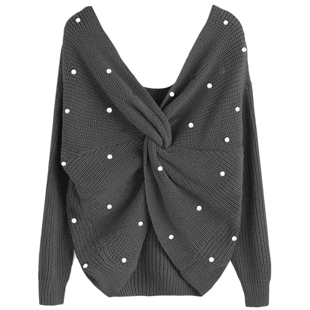 Loose Pullover Sweater Irregular Cross Pearl Sweater - melvincucci