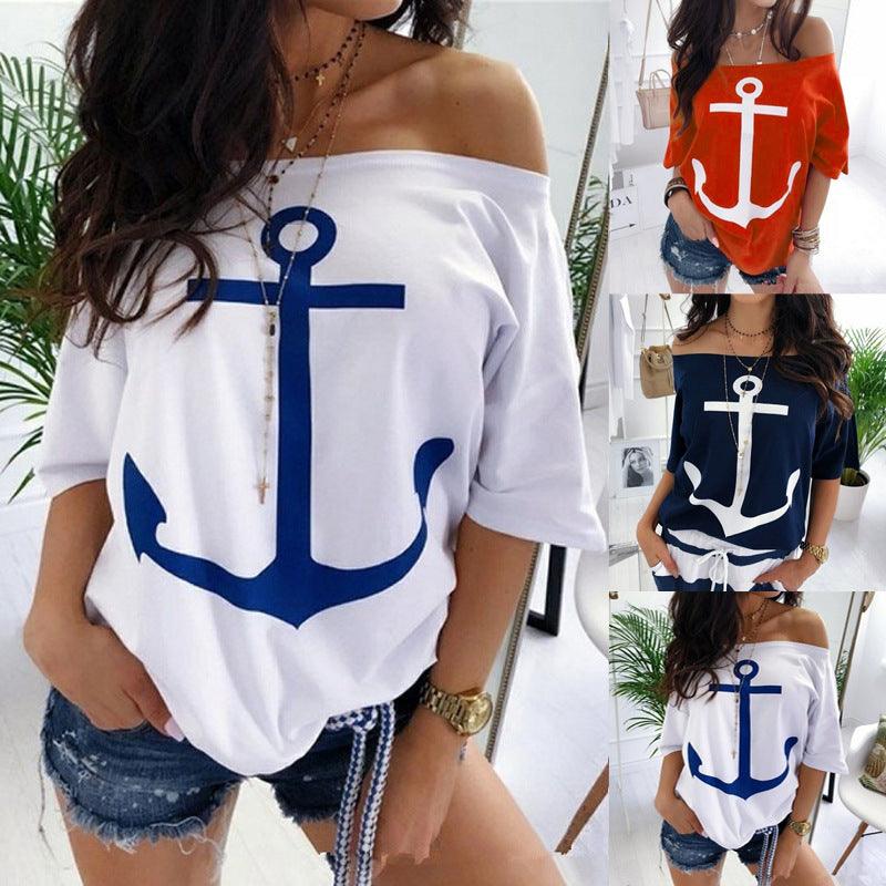 Loose Shoulder Bat Shirt Printed T-Shirt Women - melvincucci