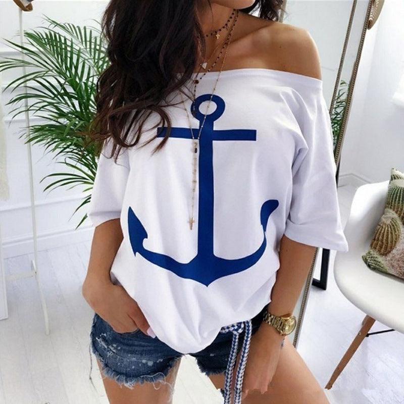 Loose Shoulder Bat Shirt Printed T-Shirt Women - melvincucci