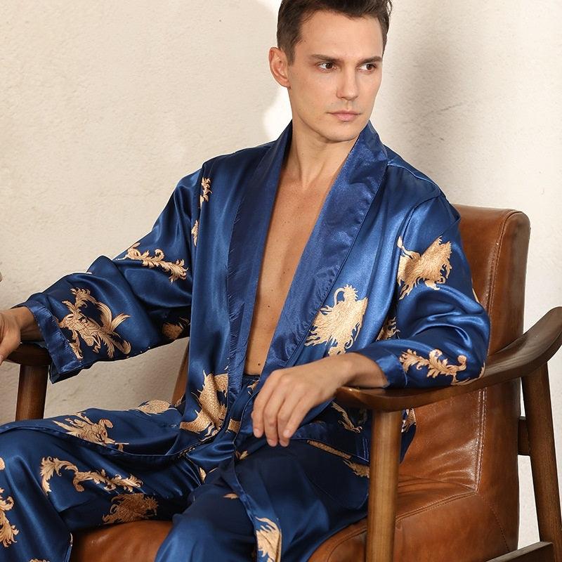 Luxury Silk Robe Pants Pajama Set Two-piece Imitate Silk Long-sleeved Pajamas Large Size Bathrobes Robe Sets For Men Clothing - melvincucci