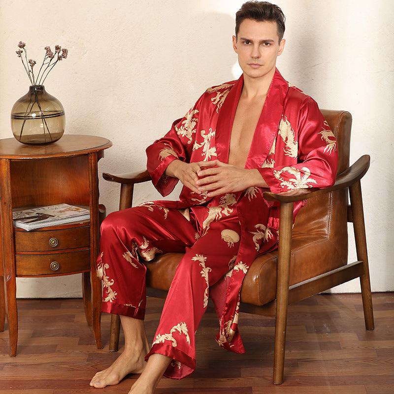 Luxury Silk Robe Pants Pajama Set Two-piece Imitate Silk Long-sleeved Pajamas Large Size Bathrobes Robe Sets For Men Clothing - melvincucci