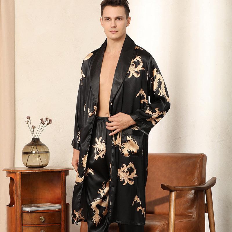 Luxury Silk Robe Pants Pajama Set Two-piece Imitate Silk Long-sleeved Pajamas Large Size Bathrobes Robe Sets For Men Clothing - melvincucci
