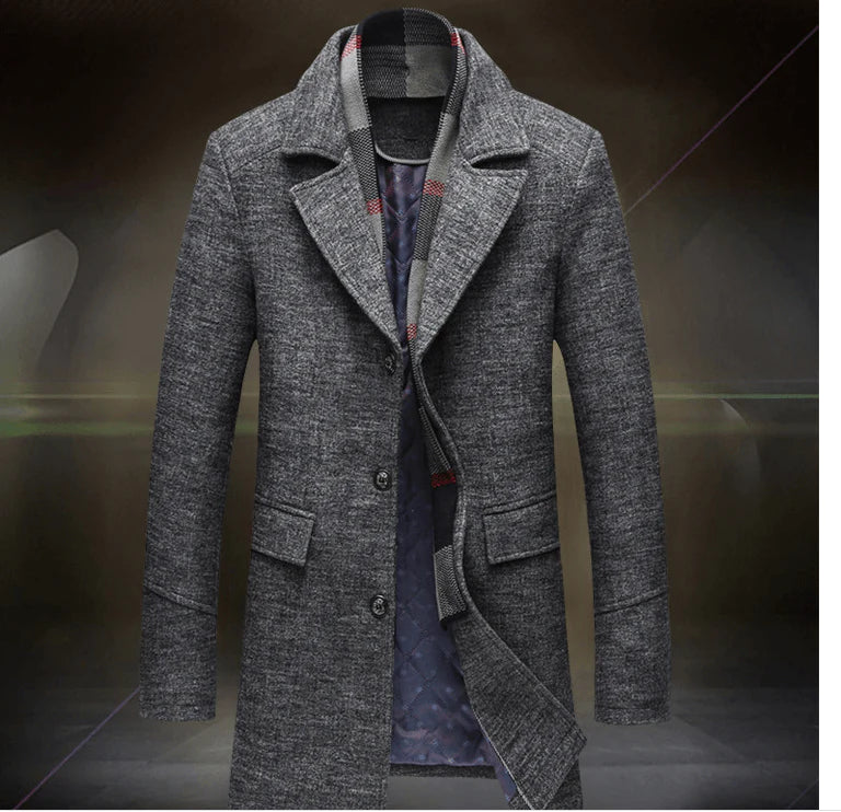 Men Casual Woolen Coat With Scarf - melvincucci