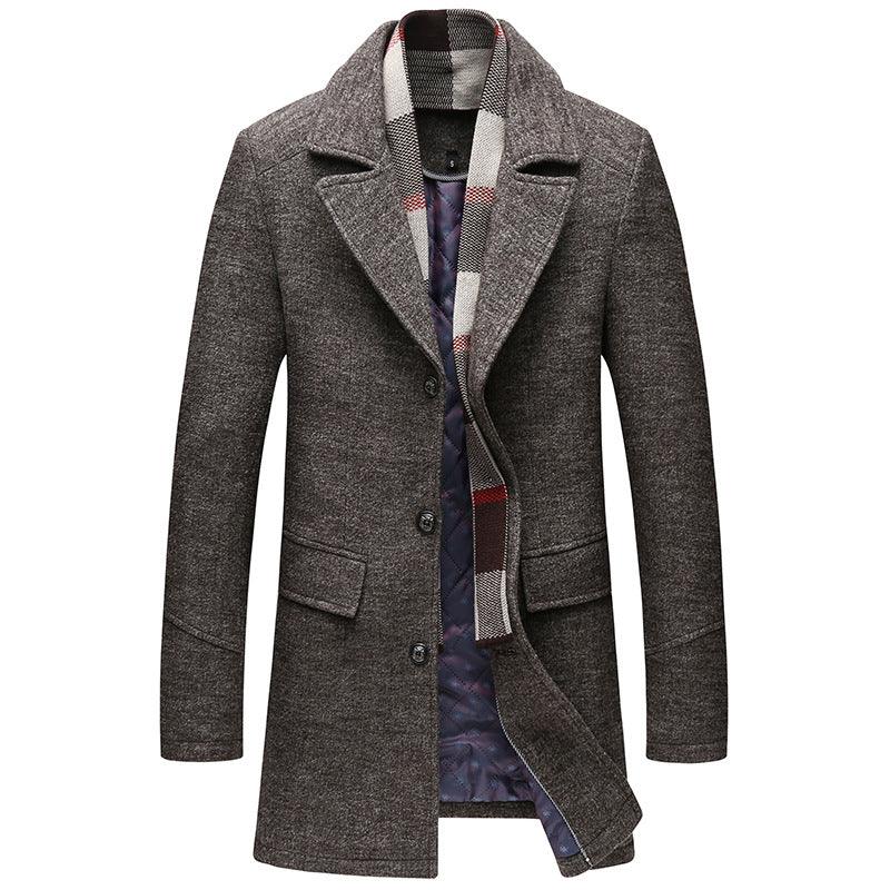 Men Casual Woolen Coat With Scarf - melvincucci