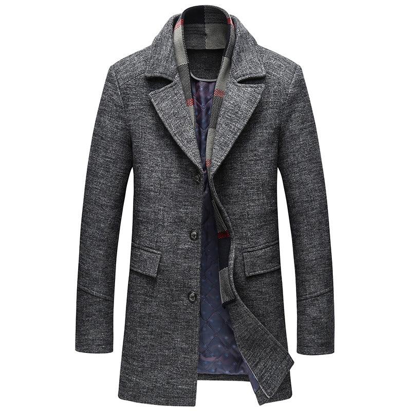 Men Casual Woolen Coat With Scarf - melvincucci