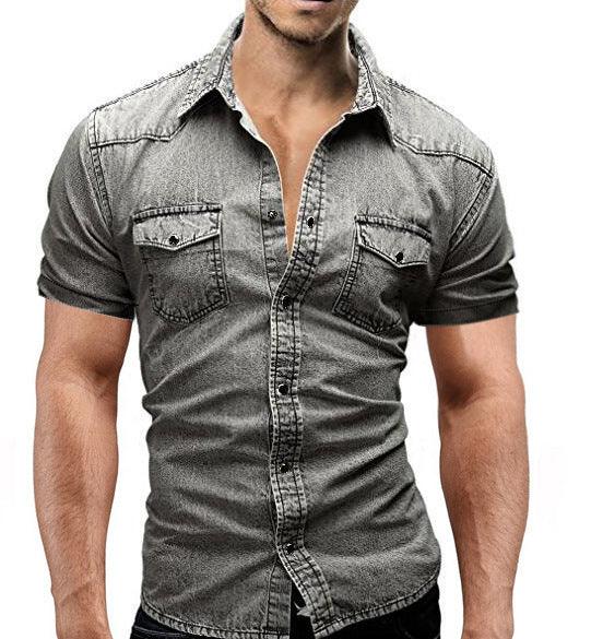 Men Denim Short-sleeved Slim Shirt Shirt - melvincucci