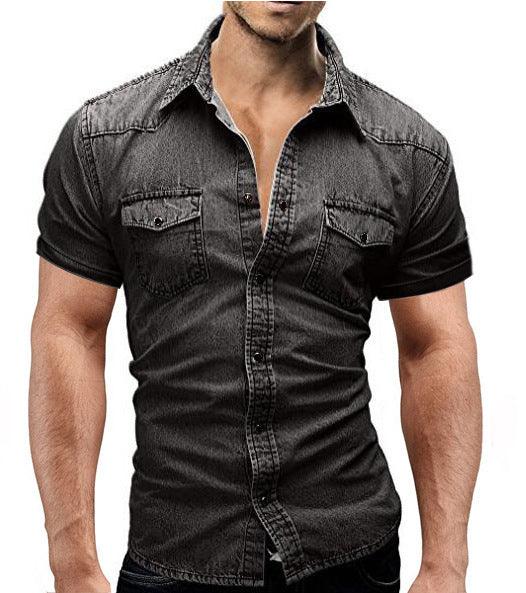Men Denim Short-sleeved Slim Shirt Shirt - melvincucci