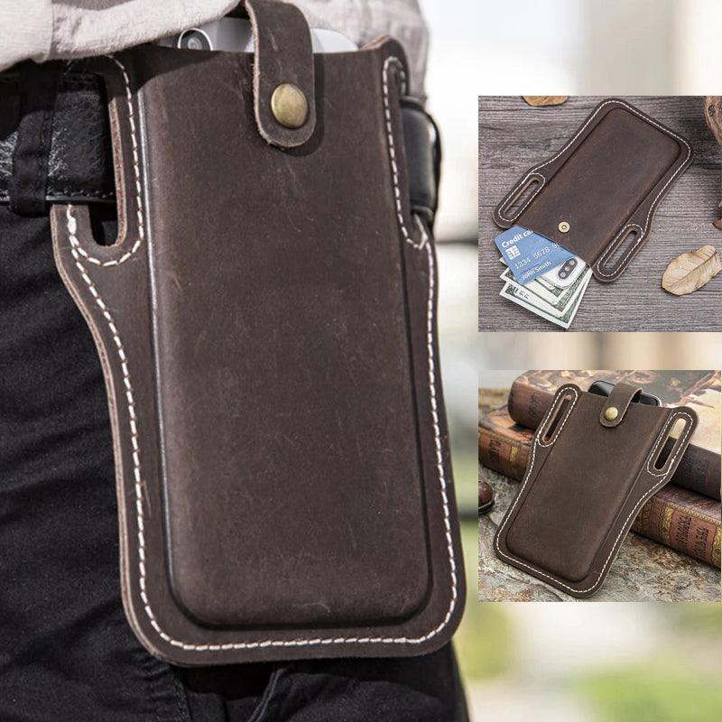 Men Genuine Leather Vintage 6.3 inch Phone Bag Waist Bag Pouch Leather Belt Bag Purse - melvincucci