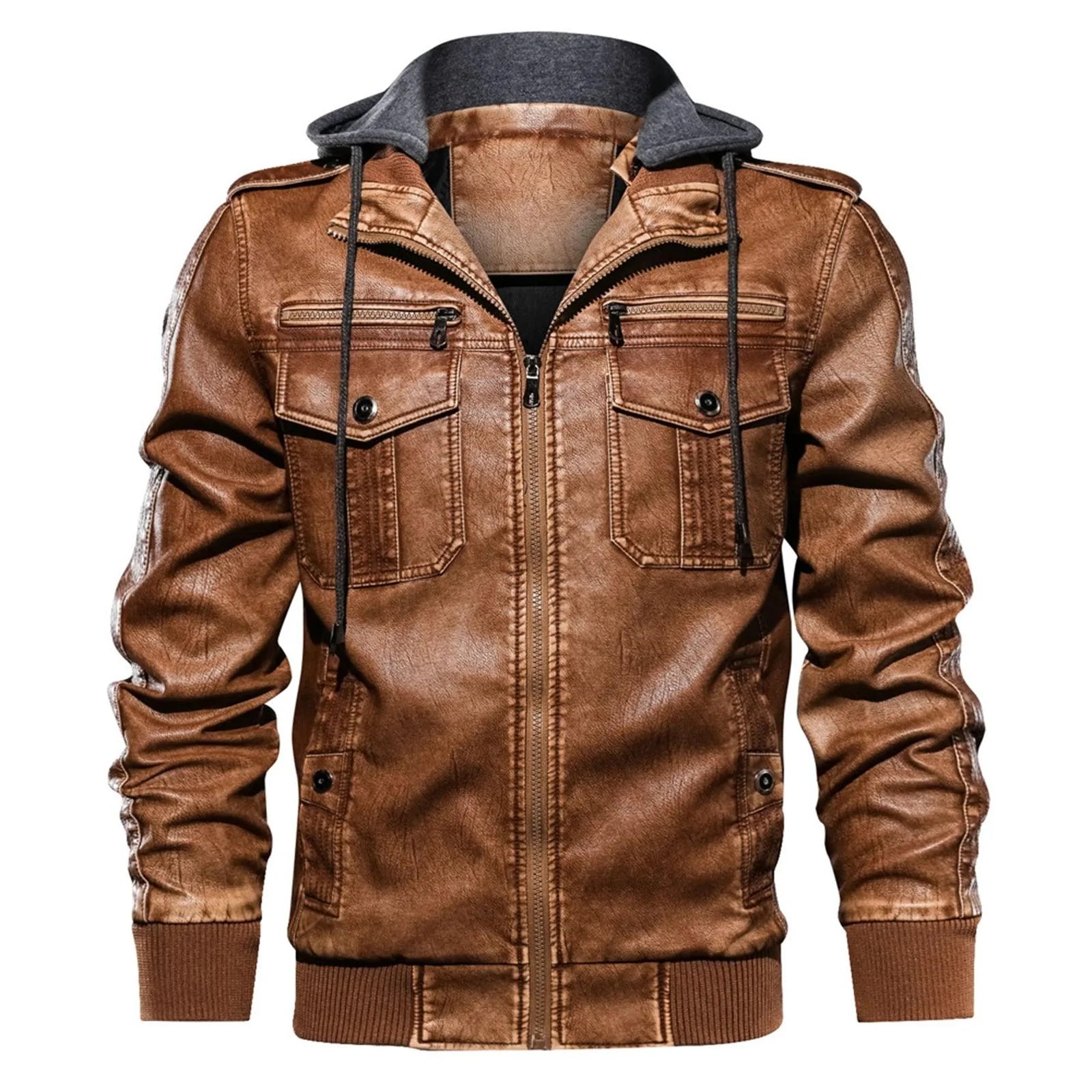 Men Leather Jacket Hooded Men Leather Men Coats Male Motorcycle Outwear - melvincucci