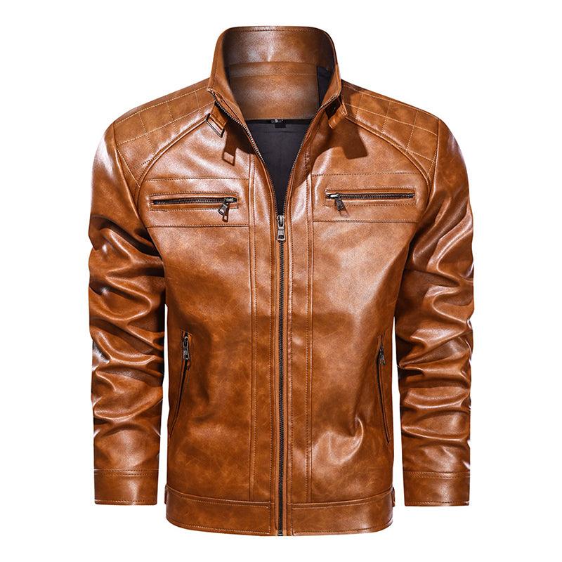 Men Leather Jacket Motorcycle Turn-down PU Solid Casual Men Coats - melvincucci